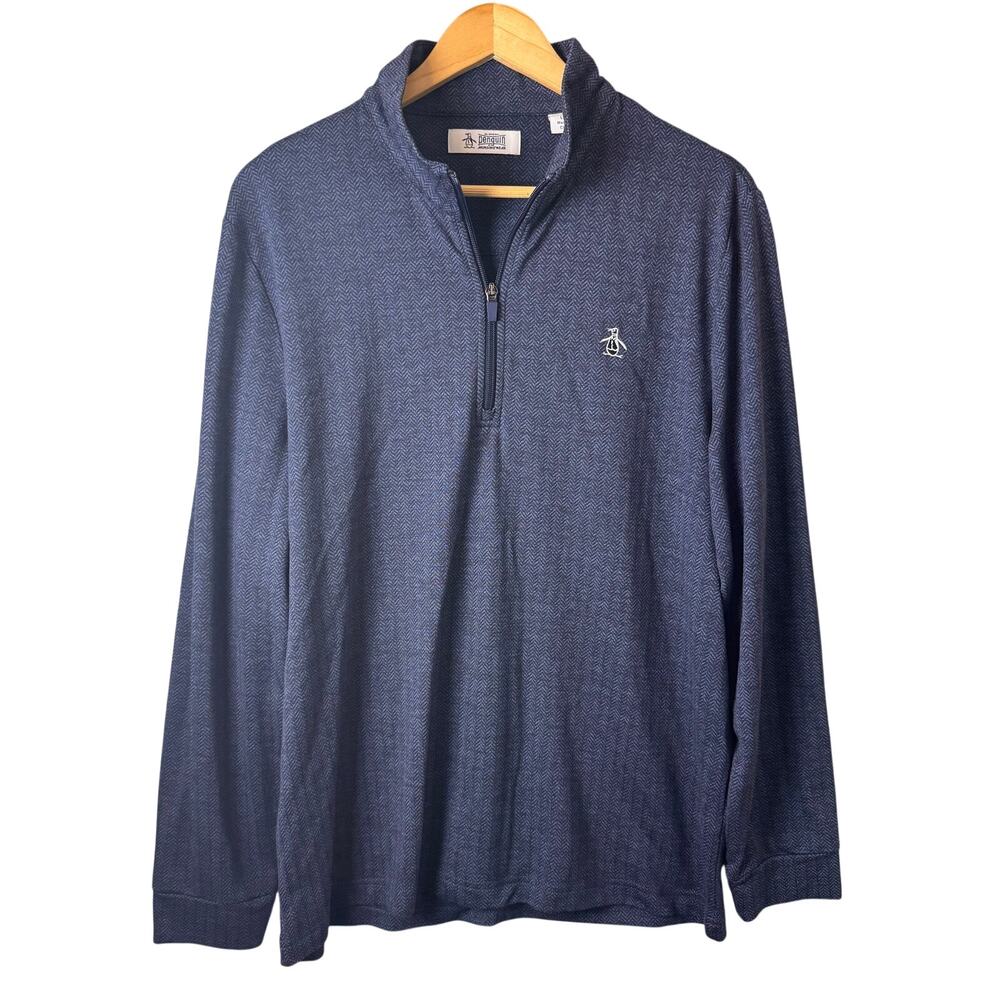 Penguin men's quarter-zip Sweater herringbone pullover navy blue Athleisure Golf